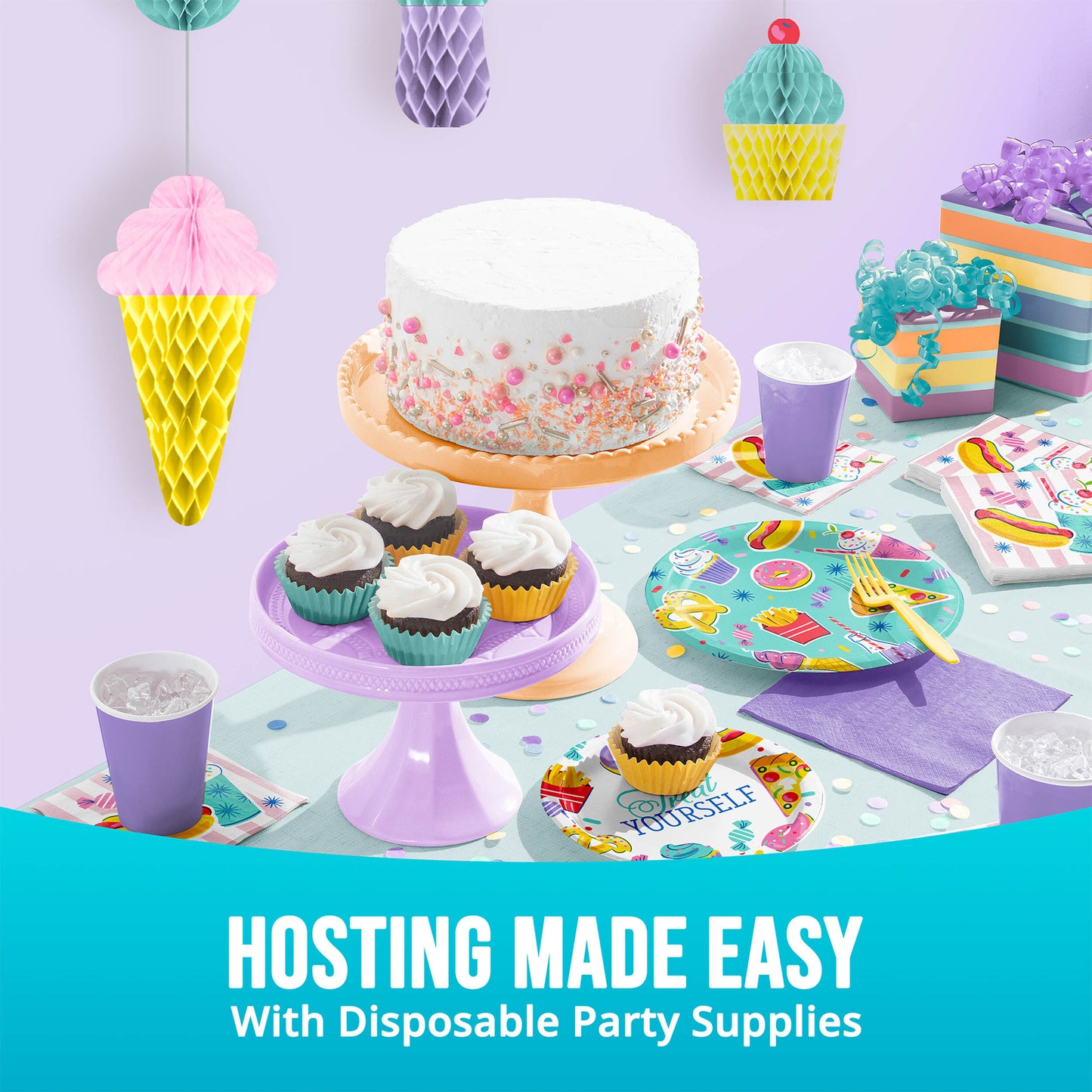 Disposable party supplies including a cake, cupcakes, plates, and cups on a table with a colorful background.