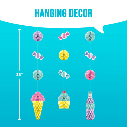 Colorful hanging decor items with a measurement indicator on a blue background
