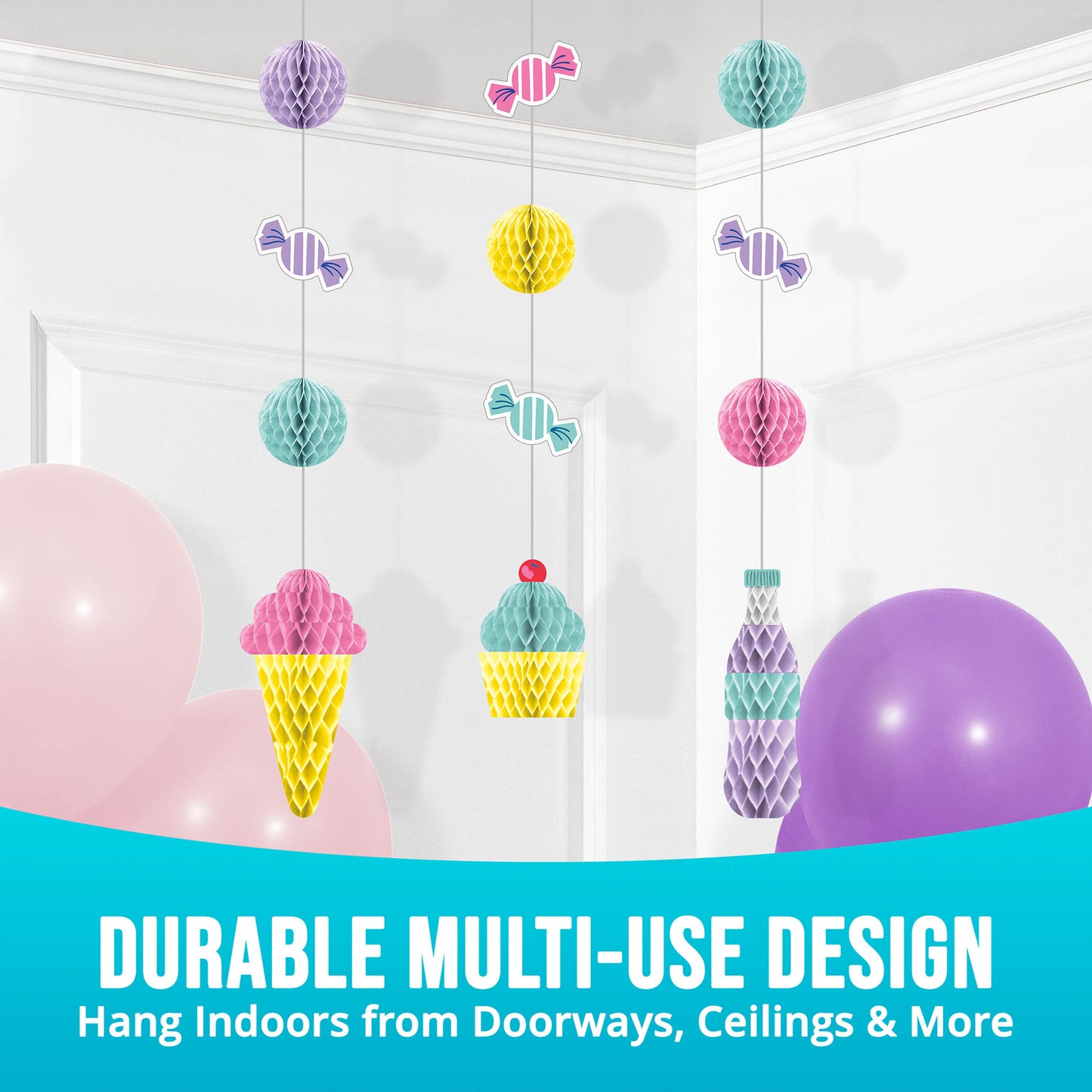 Colorful hanging decorations with balloons on a white wall with "Durable Multi-Use Design" text