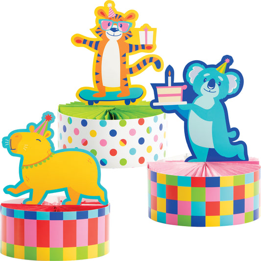 Colorful animal-themed honeycomb centerpieces with a white background.
