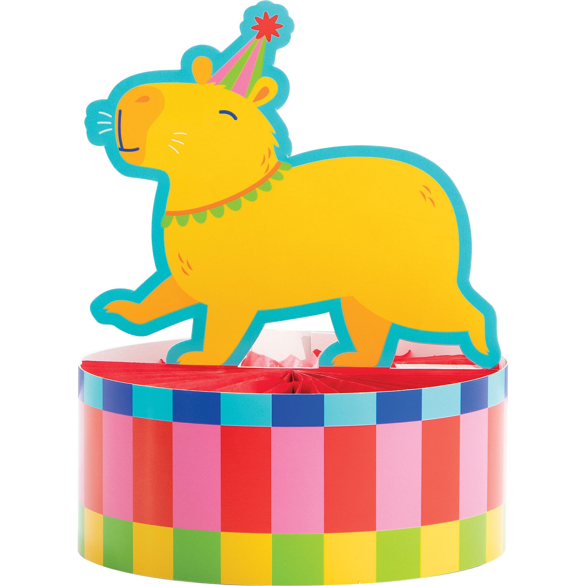 Colorful capybara-shaped centerpiece with a checkered base on a white background