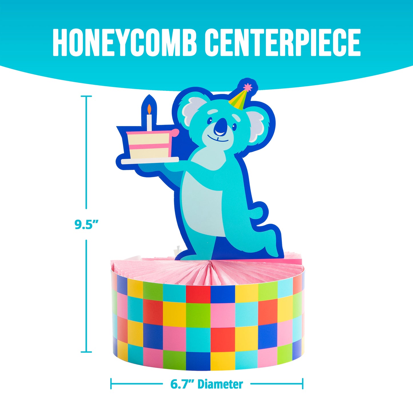 Colorful honeycomb centerpiece with a cartoon koala holding a cake, measurements indicated.