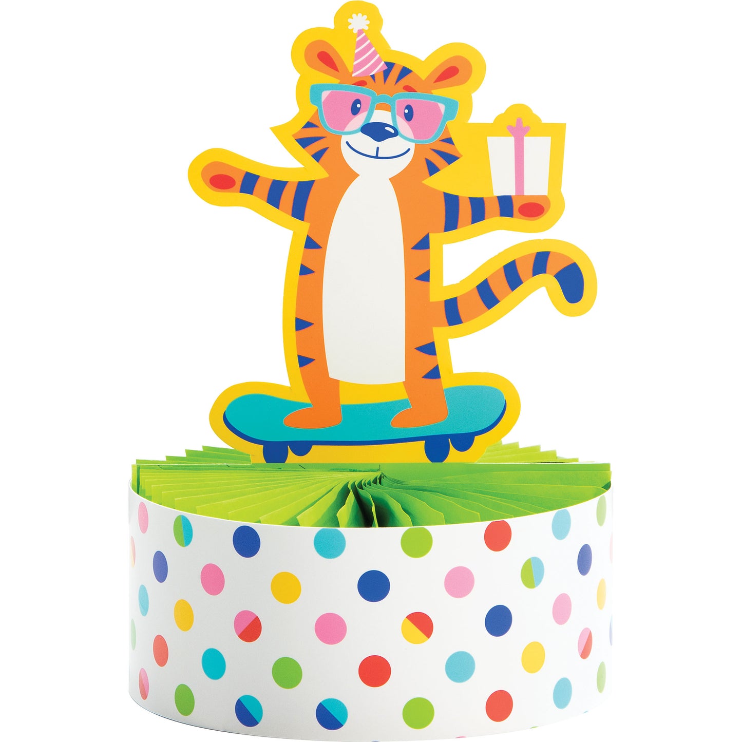 Colorful tiger honeycomb centerpiece with polka dot base on a white background