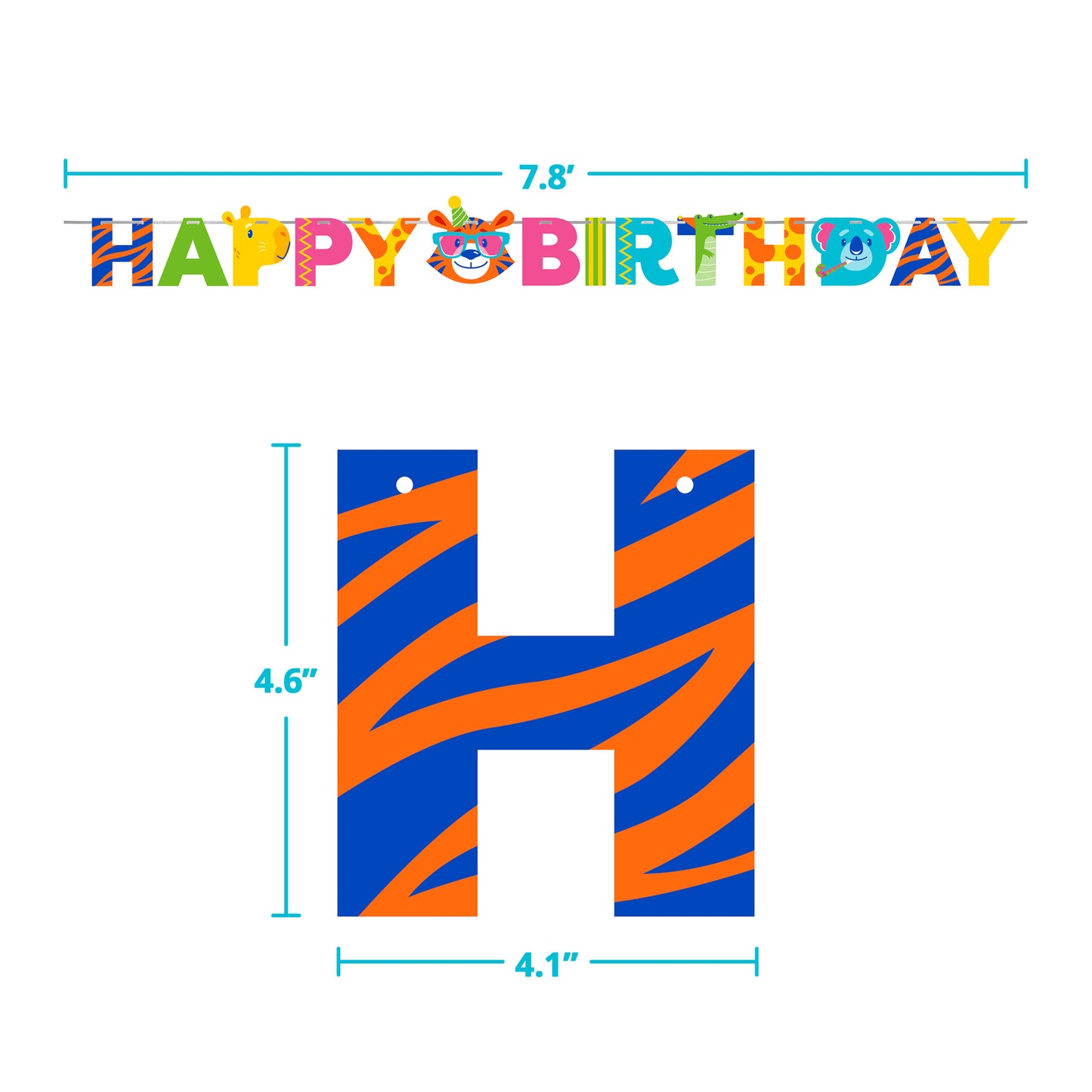 Colorful 'Happy Birthday' banner with a large letter 'H' with dimensions on a white background