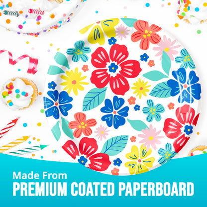 Colorful floral design on a paper plate with text 'Made From Premium Coated Paperboard'.