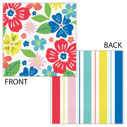 Two sides of a napkin with floral front and striped back on a white background