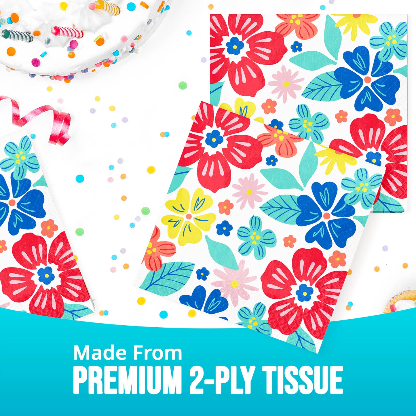 Floral-patterned tissue paper napkin with colorful design and text indicating premium 2-ply quality.
