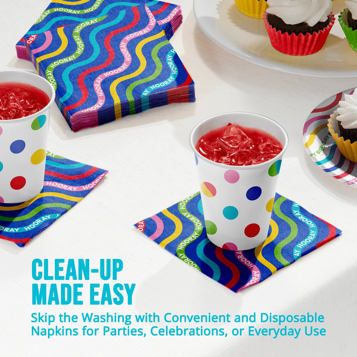 Colorful disposable napkins and cups on a table with text 'Clean-up Made Easy'.