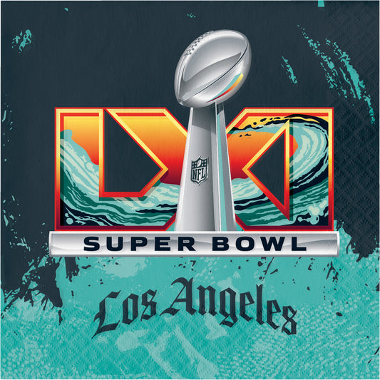 Blue and orange NFL Super Bowl LXI beverage napkins with the Super Bowl logo with a wave image and "Los Angeles" text along the bottom