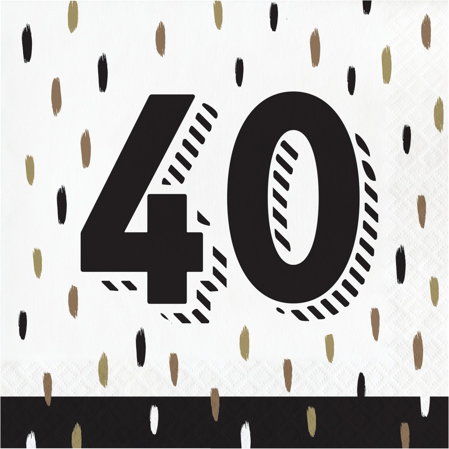 Napkin with the number 40 printed on it against a white background with black and gold confetti-like patterns.