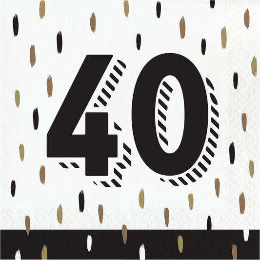 Napkin with the number 40 printed on it against a white background with black and gold confetti-like patterns.