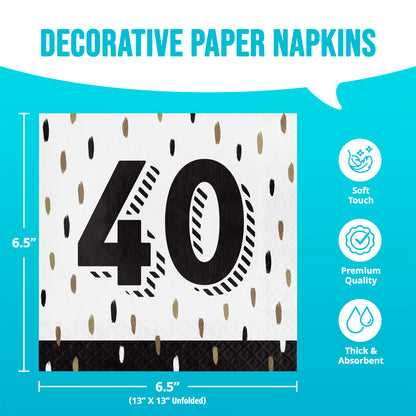 Decorative paper napkins with number 40 design on a blue background with dimensions