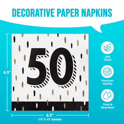 Decorative paper napkins with number 50 design on a blue background with dimensions