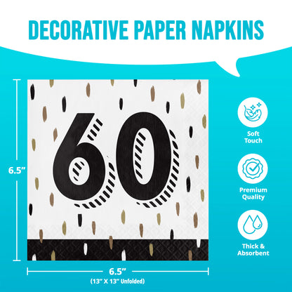 Decorative paper napkins with number 60 design on a blue background with dimensions