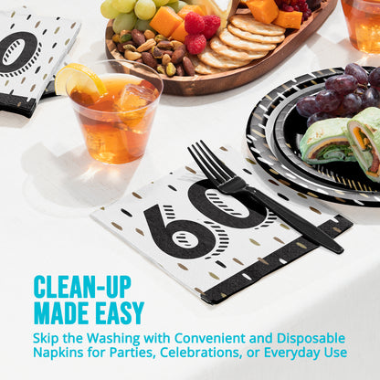 Disposable napkins with cutlery on a table with food and drinks, featuring text 'Clean-up Made Easy'.