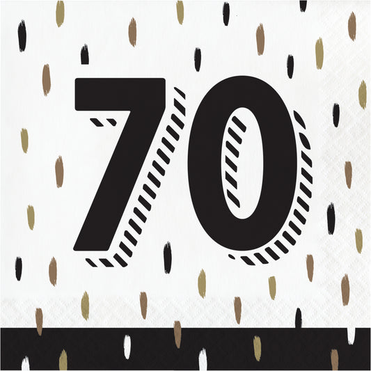 Napkin with number '70' on a decorative background with black and gold accents