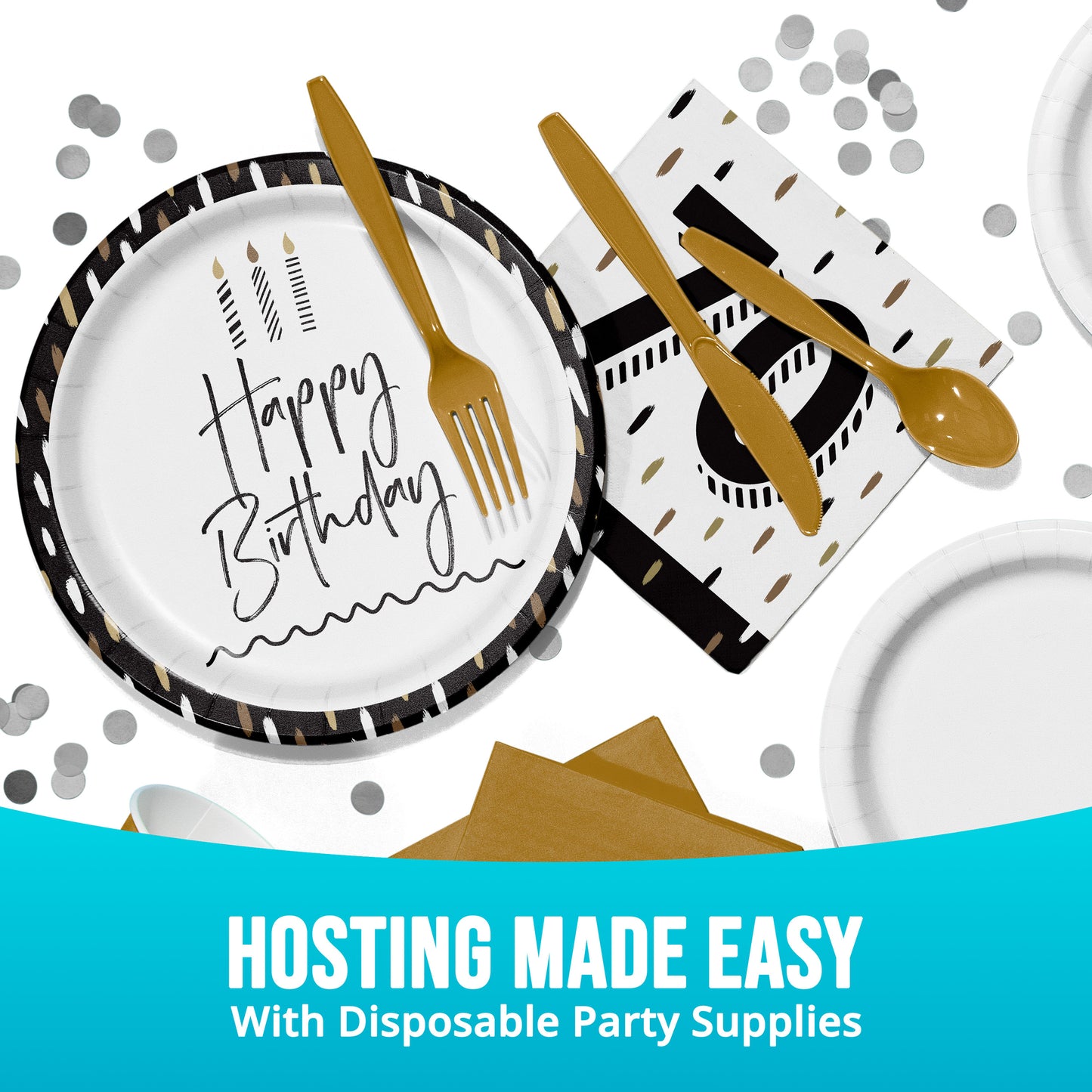 Disposable party supplies including plates, cutlery, and napkins with 'Happy Birthday' text on a white background.