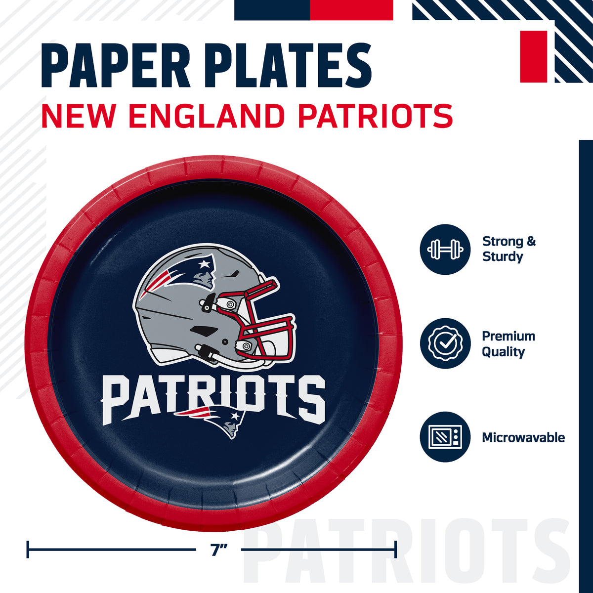 New England Patriots paper plate partyware graphic showing a round navy plate with a red rim and the Patriots helmet logo, plus text reading 'PAPER PLATES NEW ENGLAND PATRIOTS' and feature icons for strong and sturdy, premium quality, and microwavable.