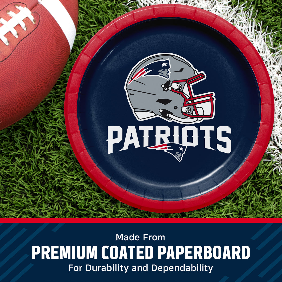 A New England Patriots themed paper plate on a green turf background next to a football, with a promotional banner at the bottom stating 'Made From PREMIUM COATED PAPERBOARD'.