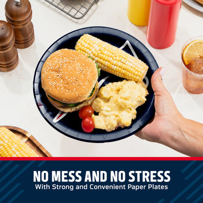 A hand holds a black paper plate with a hamburger, corn on the cob, potatoes, and cherry tomatoes on a white countertop. Condiment bottles, pepper mills, and a drink are visible in the background, with a dark blue banner at the bottom reading 'NO MESS AND NO STRESS With Strong and Convenient Paper Plates'.