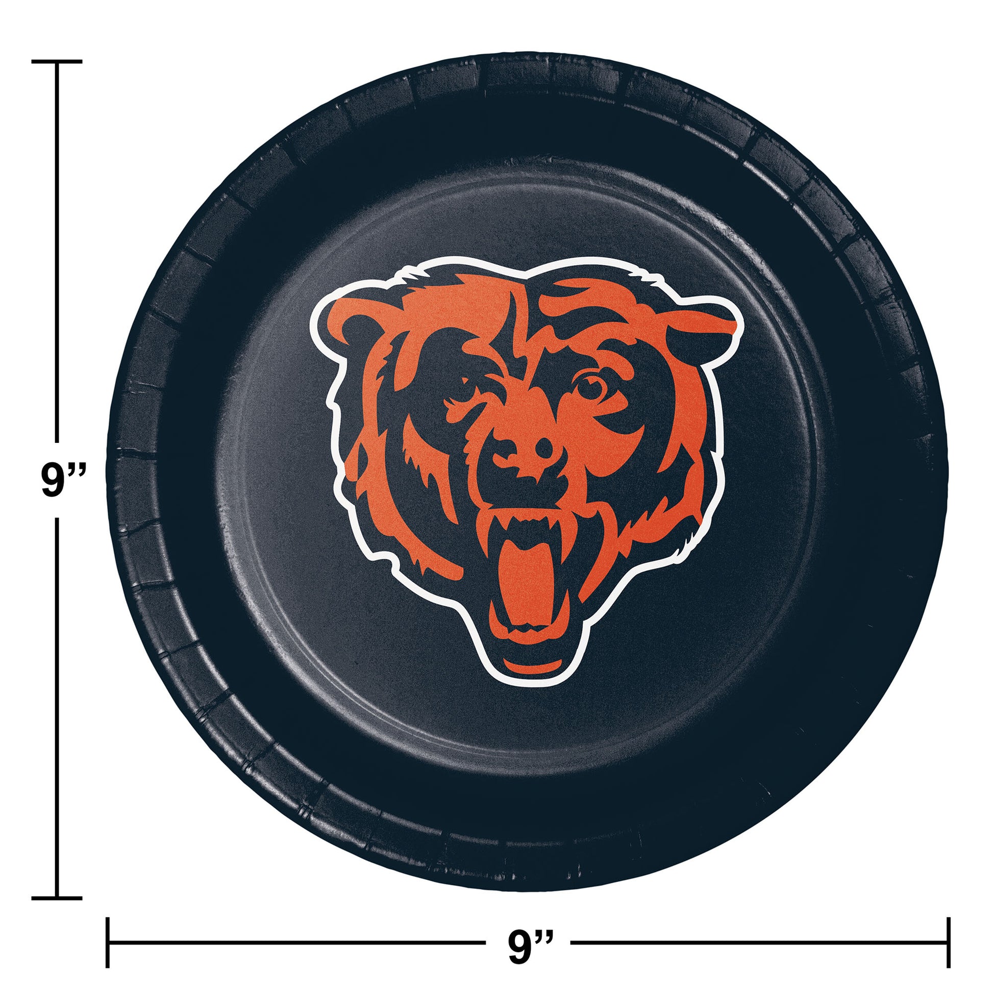 Dark blue paper plate with orange Chicago Bears head logo. Dimensions shown.