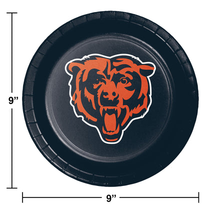 Dark blue paper plate with orange Chicago Bears head logo. Dimensions shown.