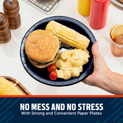 Hand holding a Denver Broncos plate filled with a hamburger, corn on the cob, and potato salad. Banner with "No Mess and No Stress" text along the bottom