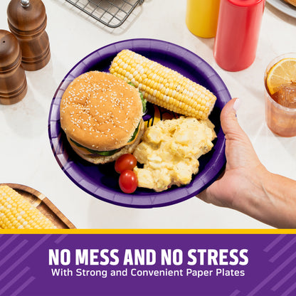 A hand holds a purple paper plate with a hamburger, corn on the cob, potatoes, and cherry tomatoes on a kitchen counter. Condiment bottles, pepper mills, and a drink are visible in the background, with a text banner at the bottom reading 'NO MESS AND NO STRESS With Strong and Convenient Paper Plates'.