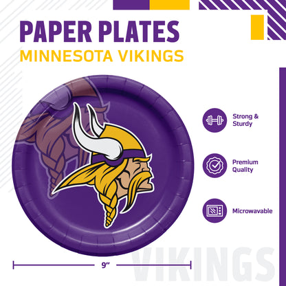 A purple Minnesota Vikings themed paper plate shown on a white background with product text and feature icons. The plate features the Minnesota Vikings logo in yellow, white, and purple, with a Viking head illustration in the background.