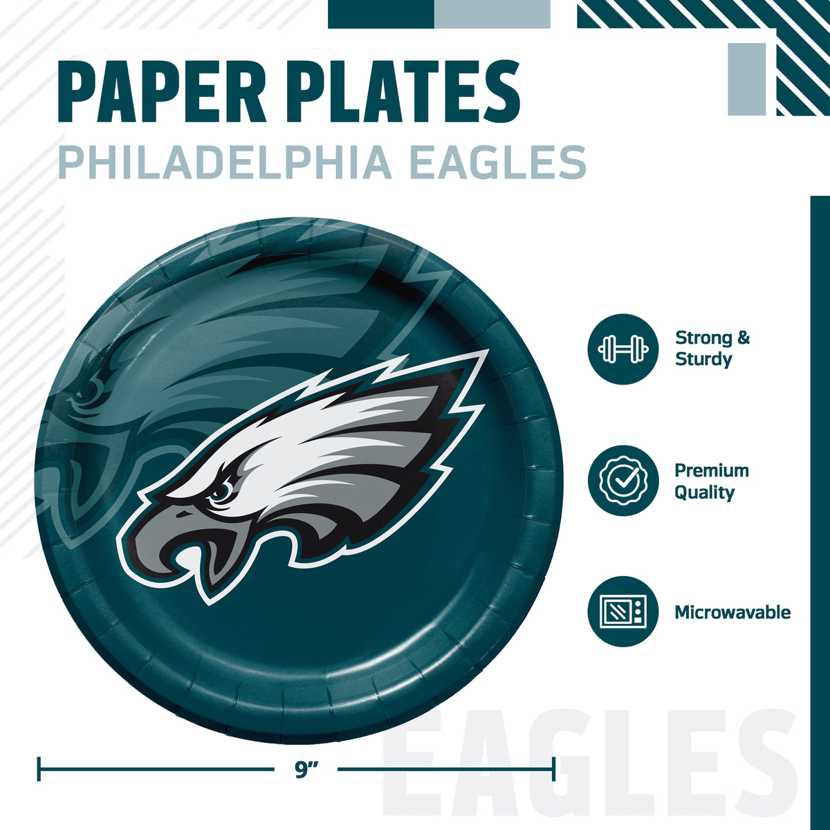 Philadelphia Eagles themed paper plates set, featuring a dark teal plate with the team logo. The graphic includes product details, size information (9 inches), and feature icons indicating it is strong and sturdy, premium quality, and microwaveable.