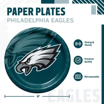 Philadelphia Eagles themed paper plates set, featuring a dark teal plate with the team logo. The graphic includes product details, size information (9 inches), and feature icons indicating it is strong and sturdy, premium quality, and microwaveable.