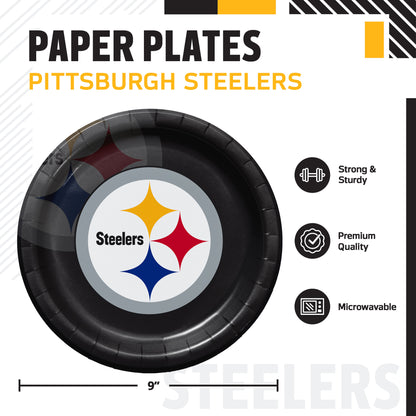 Pittsburgh Steelers themed paper plates graphic showing a black paper plate with the Steelers logo in the center, alongside feature icons for strong and sturdy, premium quality, and microwaveable use. Text at the top reads 'PAPER PLATES PITTSBURGH STEELERS'.