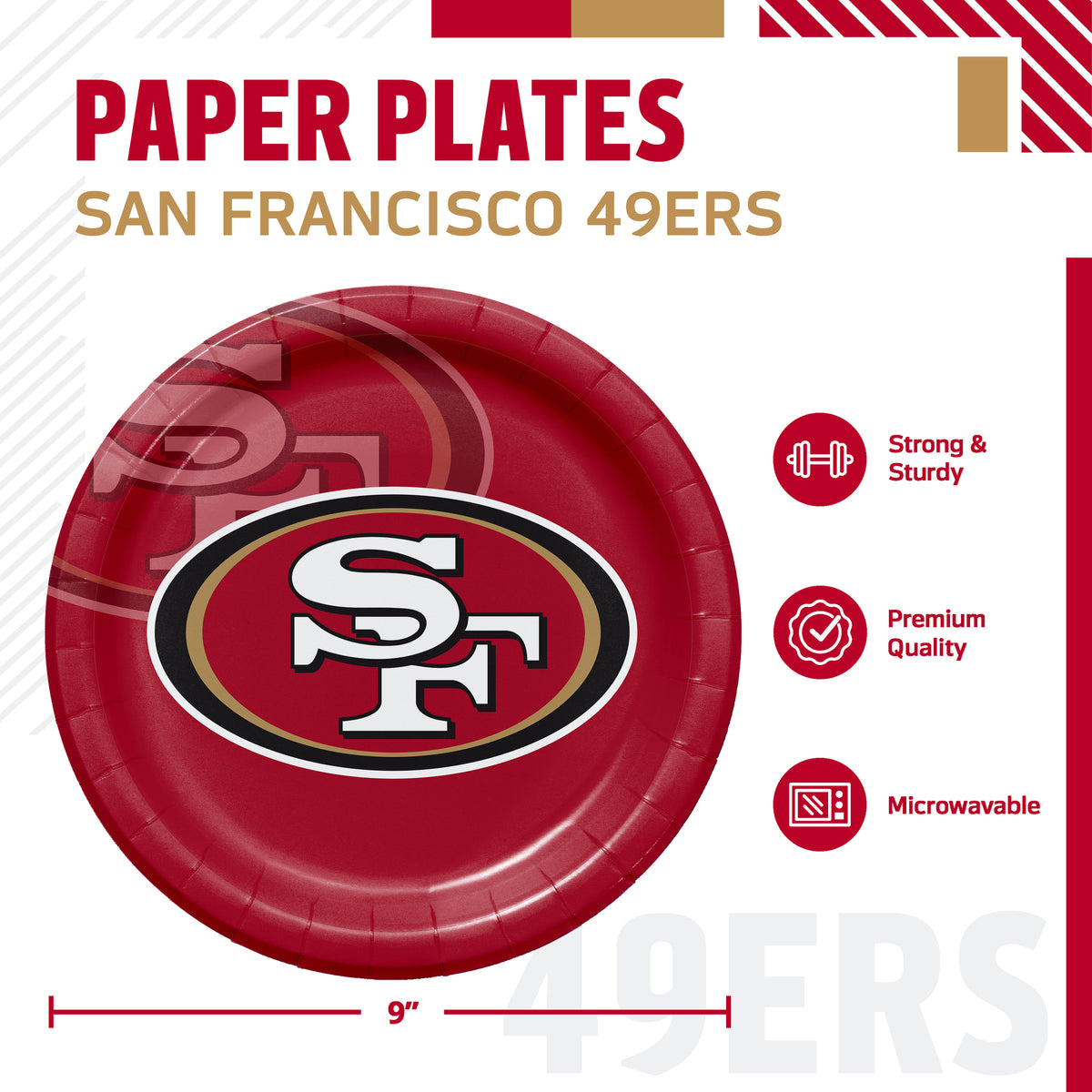 A red San Francisco 49ers paper plate with the team logo in the center, shown on a white promotional background with text reading 'PAPER PLATES SAN FRANCISCO 49ERS' and feature icons for strength, premium quality, and microwave use.