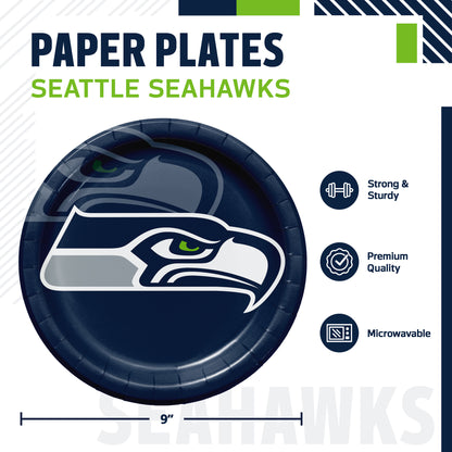 Seattle Seahawks paper plate partyware graphic showing a navy blue plate with the Seahawks logo, plus text reading 'PAPER PLATES SEATTLE SEAHAWKS' and feature icons for strong and sturdy, premium quality, and microwavable.