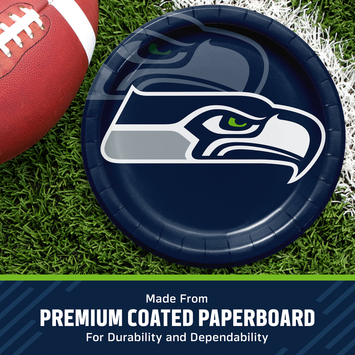 A Seattle Seahawks themed paper plate on a green turf background with a football partially visible. A dark blue banner at the bottom reads 'Made From PREMIUM COATED PAPERBOARD For Durability and Dependability'.