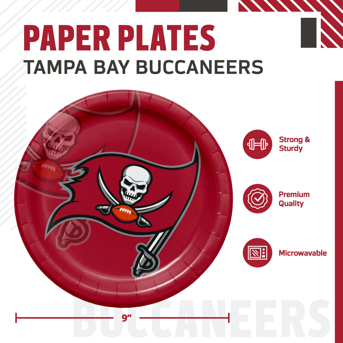 A Tampa Bay Buccaneers paper plate shown on a white promotional graphic with text reading 'PAPER PLATES TAMPA BAY BUCCANEERS' and feature icons for strong and sturdy, premium quality, and microwaveable. The plate is red with the Buccaneers skull-and-flag logo and football graphic.