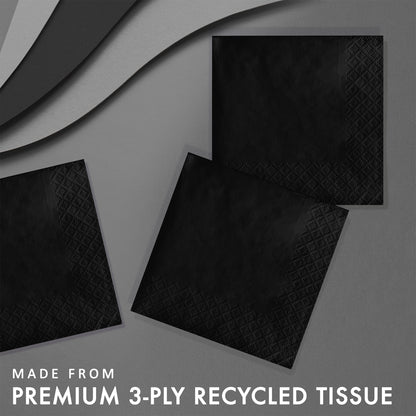 Black tissue napkins with textured surface on a gray background, labeled as premium 3-ply recycled tissue.