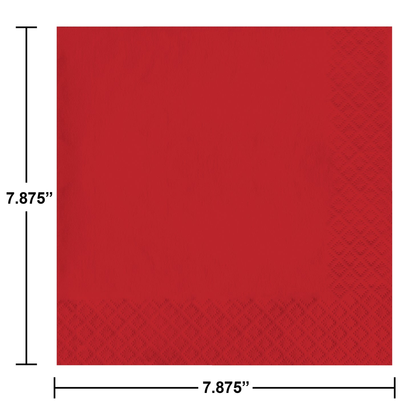 Red paper napkin with a textured pin emboss border with measurements included.