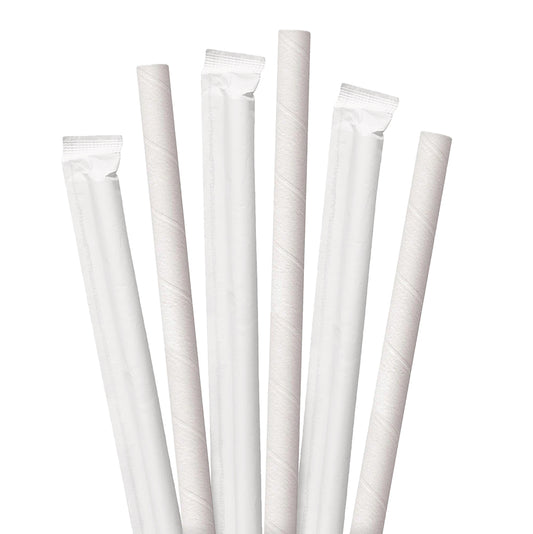 8.5" Wrapped White Colossal Paper Straws - 1200 ct. Set of white wrapped paper straws on a white background