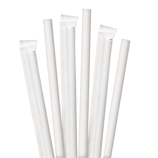 7.75" Wrapped White Jumbo Paper Straws - 3200 ct. Set of white straws on a white background