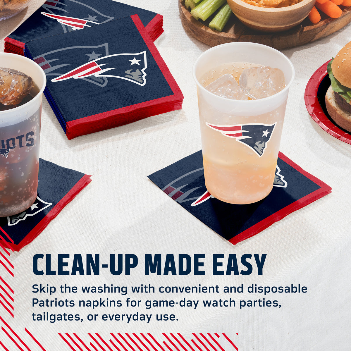 Patriots-themed disposable napkins and cups arranged on a table with food props, plus promotional text reading 'CLEAN-UP MADE EASY' and 'Skip the washing with convenient and disposable Patriots napkins for game-day watch parties, tailgates, or everyday use.'.