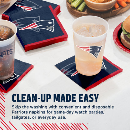 Patriots-themed disposable napkins and cups arranged on a table with food props, plus promotional text reading 'CLEAN-UP MADE EASY' and 'Skip the washing with convenient and disposable Patriots napkins for game-day watch parties, tailgates, or everyday use.'.