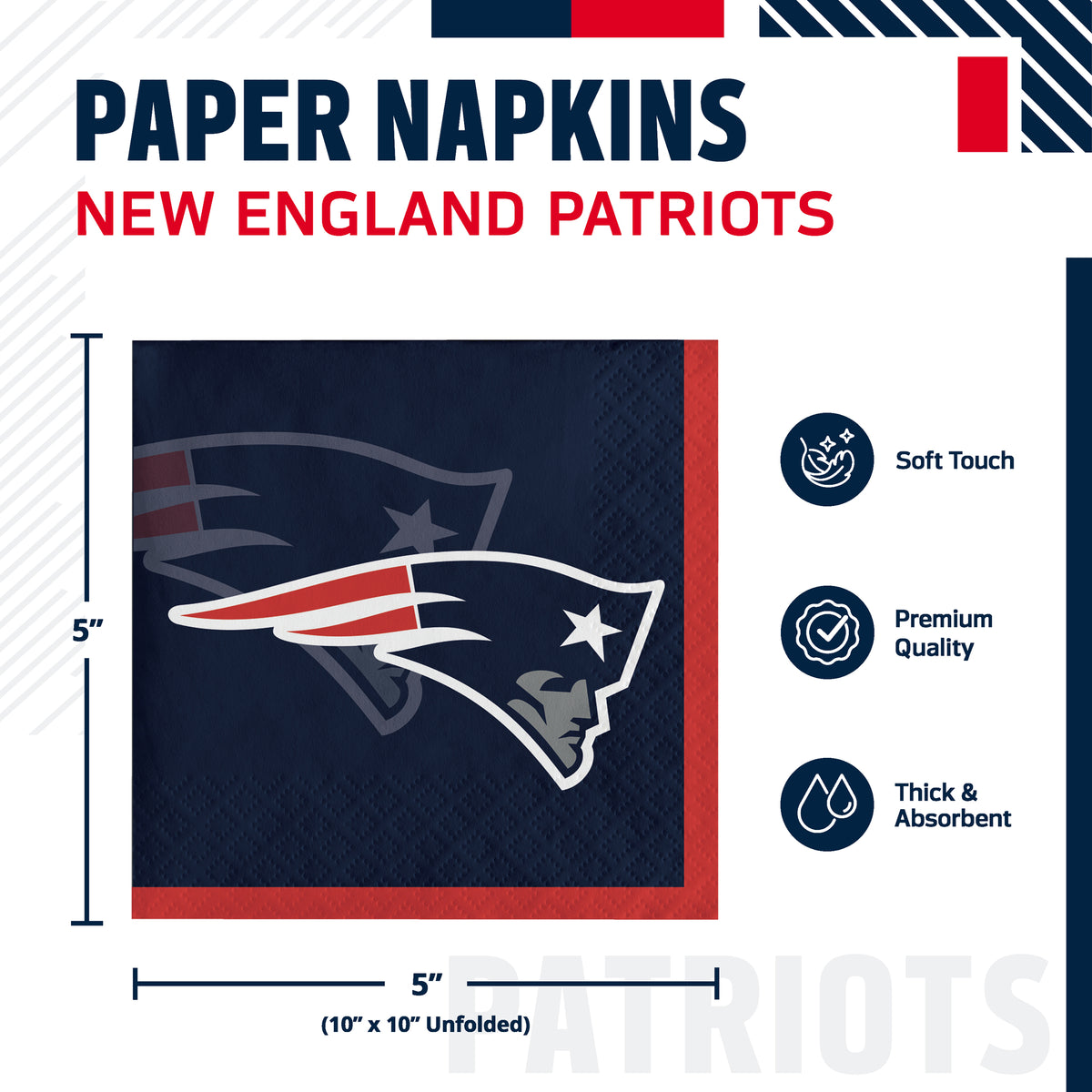 New England Patriots paper napkins shown in a product graphic with dimensions and feature callouts. The napkin is navy blue with the Patriots logo in red, white, and navy, and the image includes text noting soft touch, premium quality, and thick absorbency.