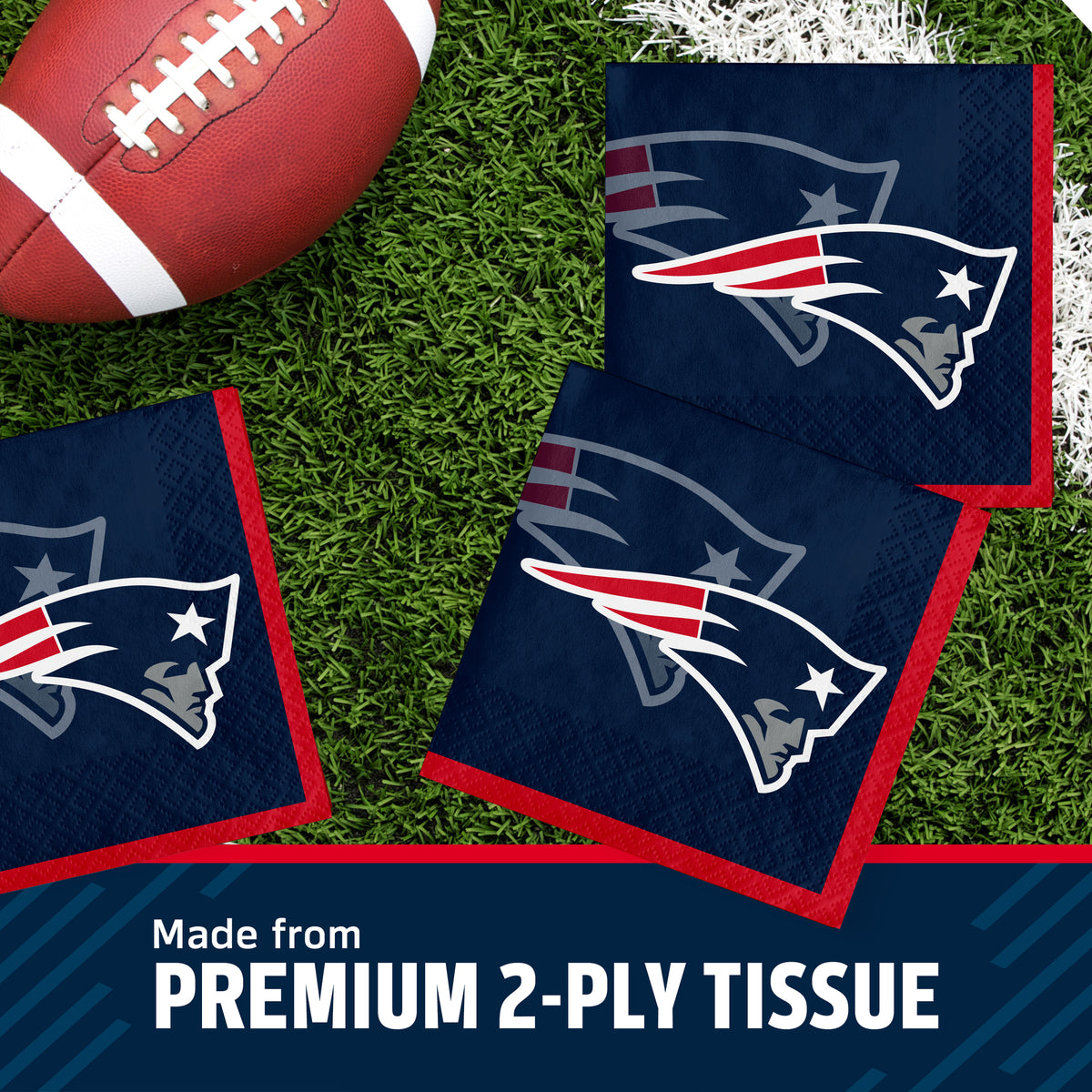 Three navy blue New England Patriots themed square tissue napkins with red borders and the Patriots logo, arranged on green turf next to a football, with a text banner at the bottom reading 'Made from PREMIUM 2-PLY TISSUE'.