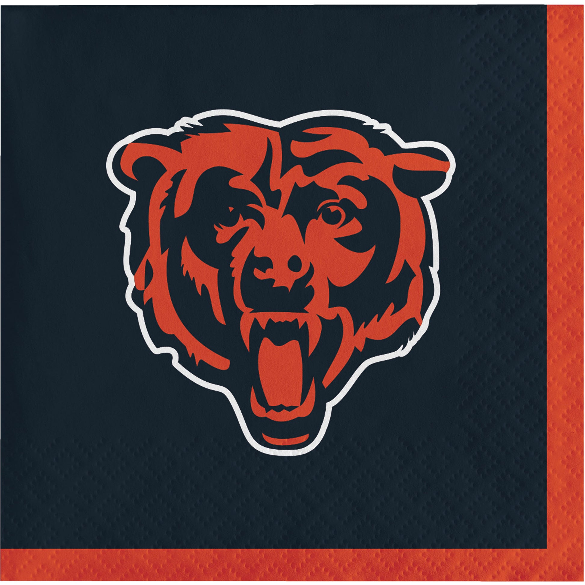 Napkin with the Chicago bear head logo on a dark blue background with orange trim.