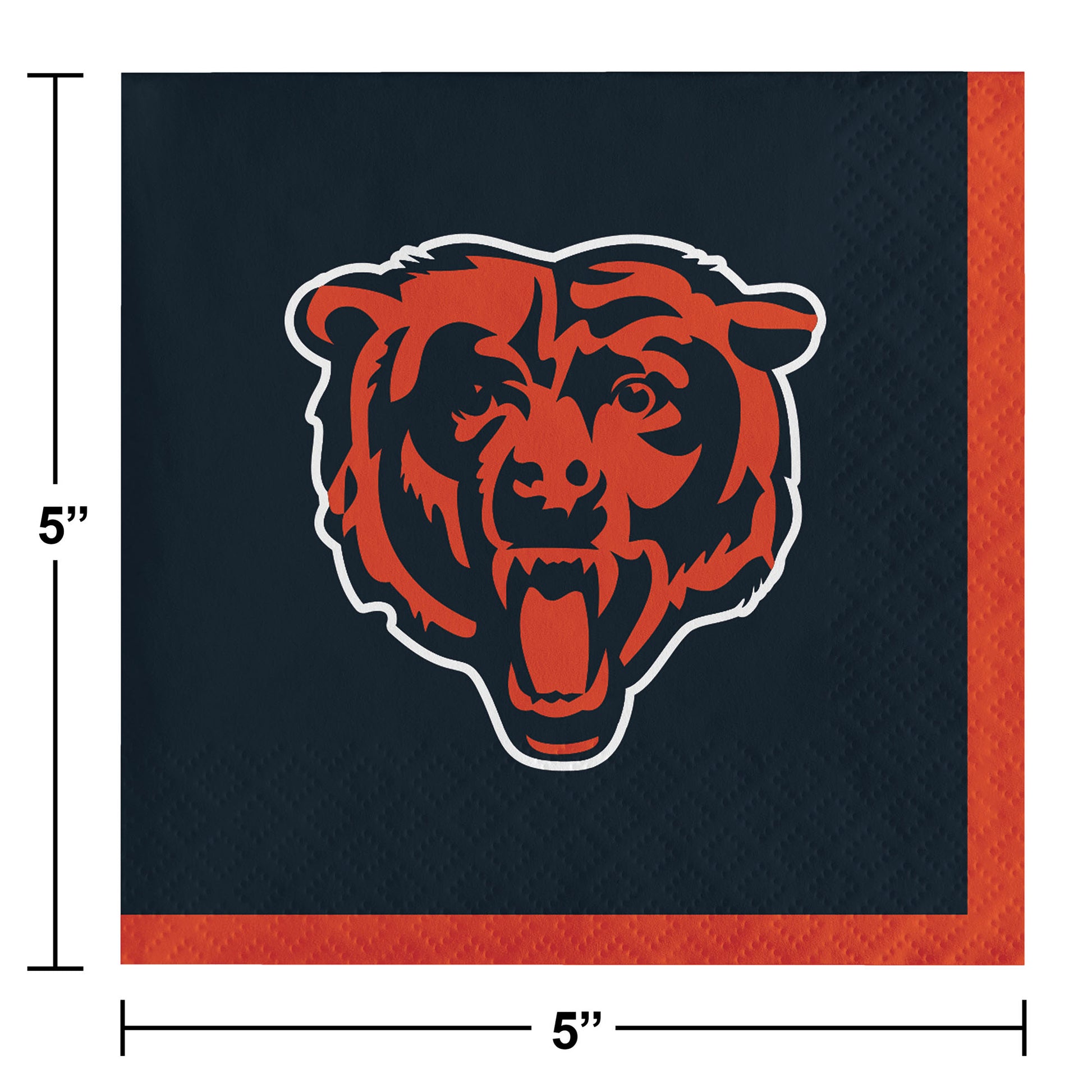 Napkin with the Chicago bear head logo on a dark blue background with orange trim. Dimensions included.