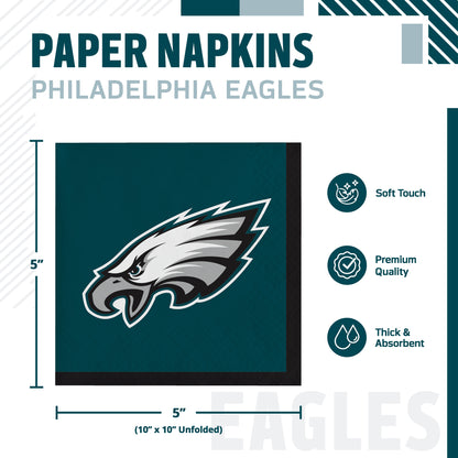 Philadelphia Eagles themed paper napkin product graphic showing a folded dark teal napkin with the Eagles head logo, dimensions marked as 5 by 5 inches, and feature callouts for soft touch, premium quality, and thick absorbency.