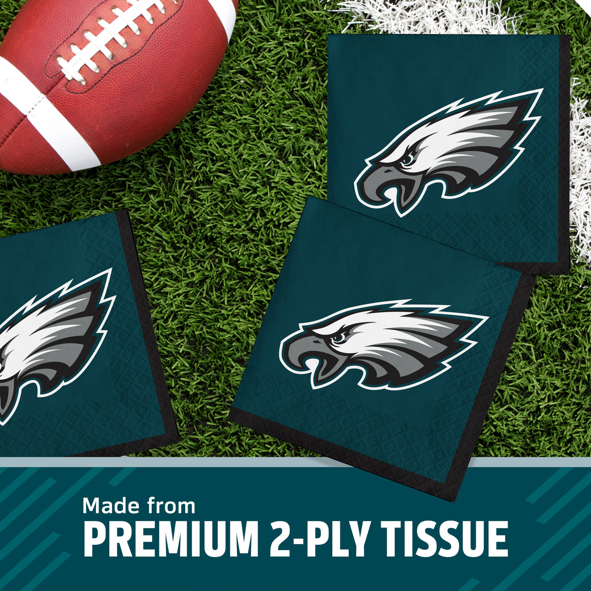 Philadelphia Eagles themed premium 2-ply tissue napkins on a green turf background with a football prop, featuring the team logo and text 'Made from PREMIUM 2-PLY TISSUE'.