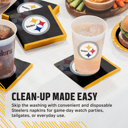 Steelers-themed disposable napkins and matching cups shown on a party table, with the text 'CLEAN-UP MADE EASY' and a description about convenient and disposable Steelers napkins for game-day watch parties, tailgates, or everyday use.