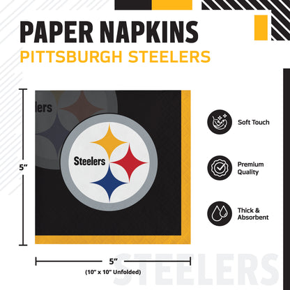 Pittsburgh Steelers paper napkins product graphic showing a square black napkin with the Steelers logo in the center, dimensions marked as 5 inches by 10 inches unfolded, and feature icons for soft touch, premium quality, and thick absorbency.